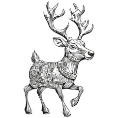 Hand Drawn Christmas Reindeer, deer Sketch Vintage Engraving, black white isolated Vector outlines template for greeting card