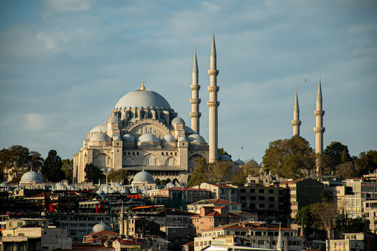 lanscape view of the city istanbul  bridge, bosphorus, ships, mosque