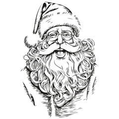 Santa Claus Hand-Drawn Line Art Detailed Sketch, Classic Father Christmas Illustration, black white  Vector ink outlines template for greeting card, poster, invitation, logo