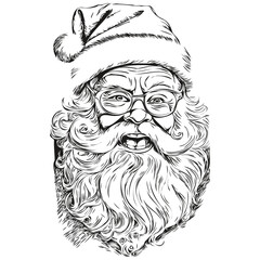 Santa Claus Hand-Drawn Logo Detailed Christmas Illustration, Classic Vintage Style, black white  Vector ink outlines template for greeting card, poster, invitation, logo