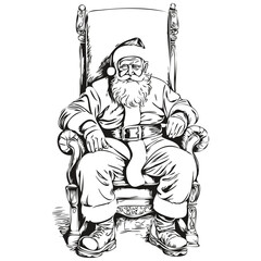 Santa Claus Hand-Drawn Line Art Vintage Engraved Sketch, Classic Father Christmas Art, black white isolated Vector ink outlines template for greeting card, poster, invitation, logo