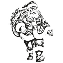 Santa Claus Hand-Drawn Logo Detailed Christmas Illustration, Classic Vintage Style, black white isolated Vector ink outlines template for greeting card, invitation, logo