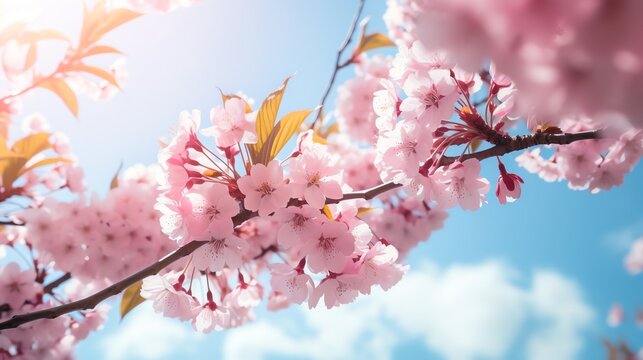 View from under the pink sakura tree blue sky bright. AI generated image