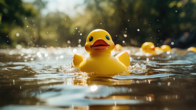 Yellow rubber ducky toy in the river, rubber duck in water, 