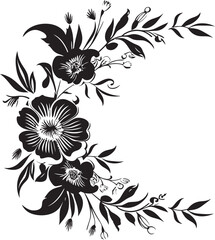 Whimsical Ebony Flowered Boundary Vector Design Majestic Midnight Petal Silhouette Black Border Emblem