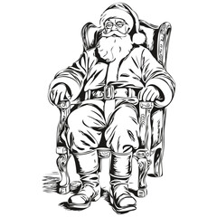 Santa Claus in a chair Hand-Drawn Banner Christmas Sketch, Vintage Style for Festive Displays, black white isolated Vector ink outlines template for greeting card, poster, invitation, logo