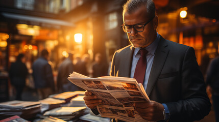 Portrait of a mature businessman reading newspaper in the city at night