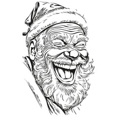 Santa Claus laughing Drawing in Ink Hand-Drawn Father Christmas Illustration with Detailed Outlines, black white isolated Vector ink outlines template for greeting card, poster, invitation, logo