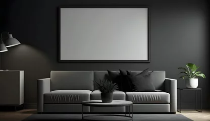 Deurstickers Blank horizontal poster frame mock up in minimal Dark style living room interior, modern living room interior background. generative ai. © raza