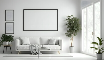 Fototapeta na wymiar Blank horizontal poster frame mock up in minimal Scandinavian white style living room interior, modern living room interior. generative ai.