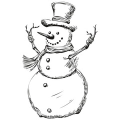 Snowman Isolated Vintage Sketch Classic Black and White Drawing of Christmas Snowman with Seasonal Details, black white isolated Vector ink outlines template for greeting card