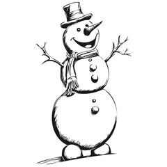 Snowman Isolated Vintage Sketch Classic Black and White Drawing of Christmas Snowman with Seasonal Emphasis, black white isolated Vector ink outlines template for greeting card