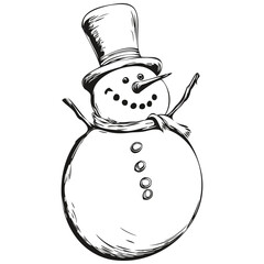 Snowman Isolated Vintage Sketch Classic Black and White Drawing of Christmas Snowman with Seasonal Touches, black white isolated Vector ink outlines template for greeting card