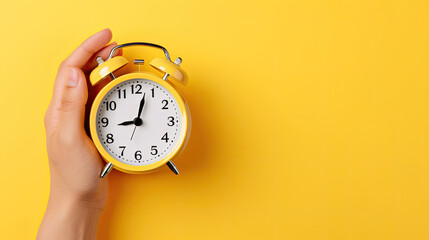 person holding alarm clock, Hand holding alarm clock isolated on yellow background