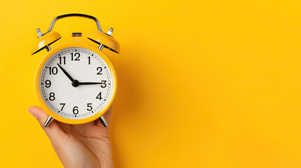 person holding alarm clock, Hand holding alarm clock isolated on yellow background - obrazy, fototapety, plakaty