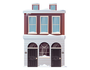 Cartoon vector winter house. Isolated Architectural modern building covered with snow and snowdrifts.