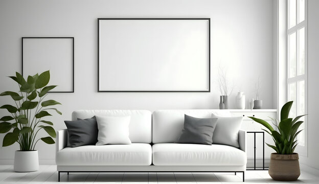 Blank horizontal poster frame mock up in minimal white style living room interior, modern living room interior. generative ai.