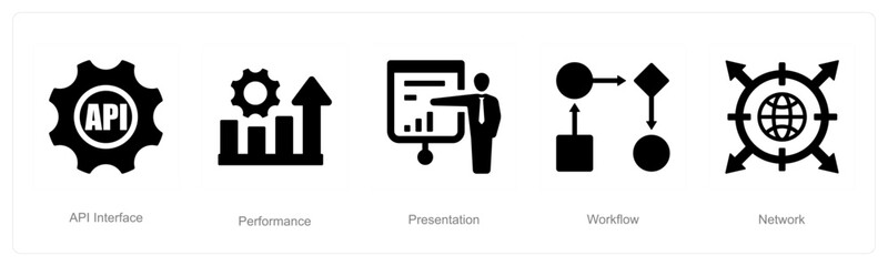 A set of 5 Data analysis icons as api interface, performance, presentation