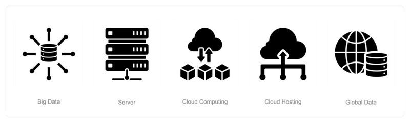 A set of 5 Data analysis icons as big data, server, cloud computing