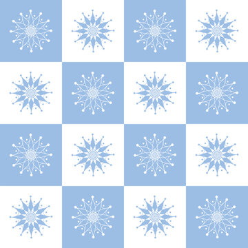 Snowflakes in diamonds pattern. Seamless pattern with the image of snowflakes arranged in geometric shapes. Winter Christmas snow pattern on a blue background. Vector