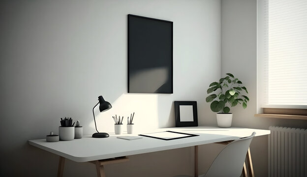 Desk at home office with supplies and wall copy space. Minimalistic workspace. generative ai.