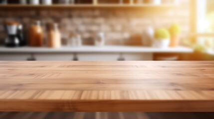 Wooden table top on blur kitchen counter in blur kitchen with blur kitchen background kitchen room