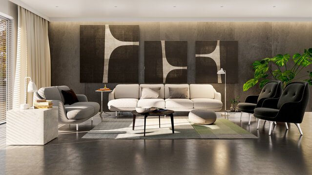 Large luxury modern bright interiors Living room mockup illustration 3D rendering computer digitally generated image