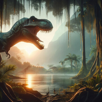 tyrannosaurus rex dinosaur, roaring, jurassic evening landscape background, foggy rainforest