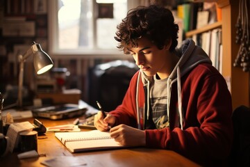 A young Caucasian guy is sitting at the table at home and preparing for exams. He writes down important notes in a notebook to organize knowledge in his head. - obrazy, fototapety, plakaty