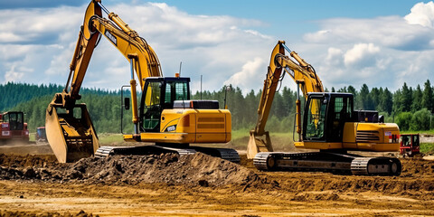 Group of excavator working on a construction site
