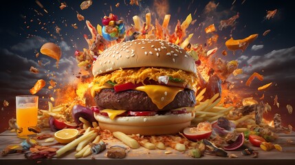 Fast food explosion with fries  burgers  pizza. AI Generative - obrazy, fototapety, plakaty