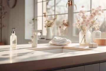 Close-up of countertop in modern bright bathroom. Wooden countertop with built-in sink, white faucet, soap dispenser, towel, fresh flowers in a vase, large window. Contemporary home design.