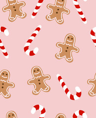 New Year candy and biscuits pattern on dark pink background.
