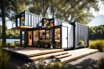 Develop a narrative around a weekend getaway to a stylish shipping container house, offering modern amenities by a sunlit lake - obrazy, fototapety, plakaty