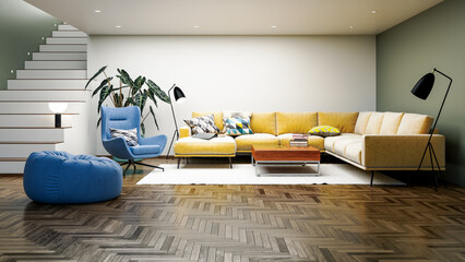 Large luxury modern bright interiors Living room mockup illustration 3D rendering computer digitally generated image