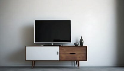 Television put on tv stand wood table, in minimal empty space livingroom room background white wall. generative ai.