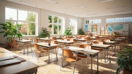 Interior of clean bright classroom in modern school or college. Spacious room with white walls, many comfortable desks, chairs, visual aids, bookshelves, indoor plants, large windows. Empty classroom. - obrazy, fototapety, plakaty