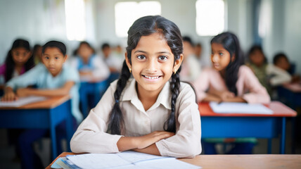 Portrait photo of a 11 year old indian girl in a modern classroom sitting at a school table - obrazy, fototapety, plakaty