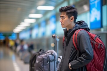 Young handsome Asian male tourist with backpack standing in airport terminal. Romantic student traveler starting his journey in domestic or international airport. Youth tourism, vacation concept. - obrazy, fototapety, plakaty