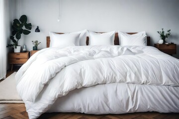 Fototapeta na wymiar Explore the minimalist beauty of a white-on-white aesthetic, highlighting the folded duvet against the bed