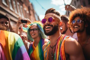 Lovely laughing single gay man wears colourful shirt having fun at the LGBTQI pride parade