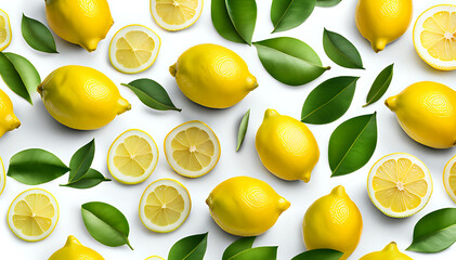 Lemon fruit with green leaves - set composition of food photography