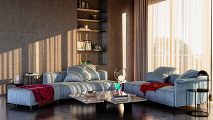 Large luxury modern bright interiors Living room mockup illustration 3D rendering computer...