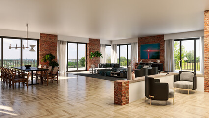 Large luxury modern bright interiors Living room mockup illustration 3D rendering computer digitally generated image