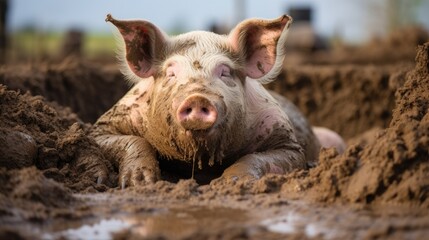 A content pig enjoying a lazy afternoon in a rustic mud bath - obrazy, fototapety, plakaty
