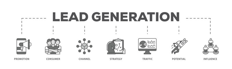 Lead generation infographic icon flow process which consists of promotion, consumer, channel, strategy, traffic, potential and influence icon live stroke and easy to edit 