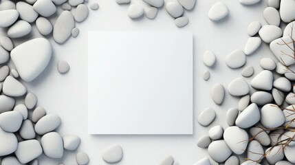 composition featuring polaroid cards and scattered stones on a clean white background