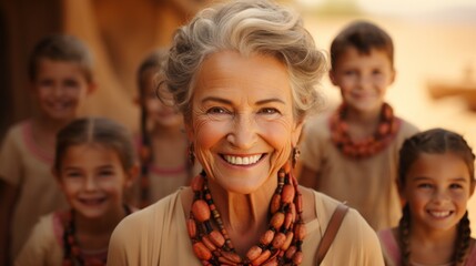 Aged caucasian woman looking at camera toothy smiling standing against group of children, summer camp for kids, leisure. Senior female babysitter happy to entertain children. Writer of children books - obrazy, fototapety, plakaty