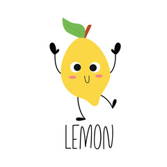 Cute funny lemon character. Fruit hand drawn name card. Vector illustration. Learn healthy vegetarian food