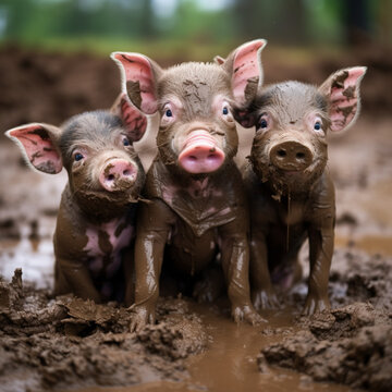 Baby pigs playing in the mud.